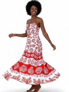 Calypso St. Barth Red and White Linen Blend Maxi Sundress, NWT, XS